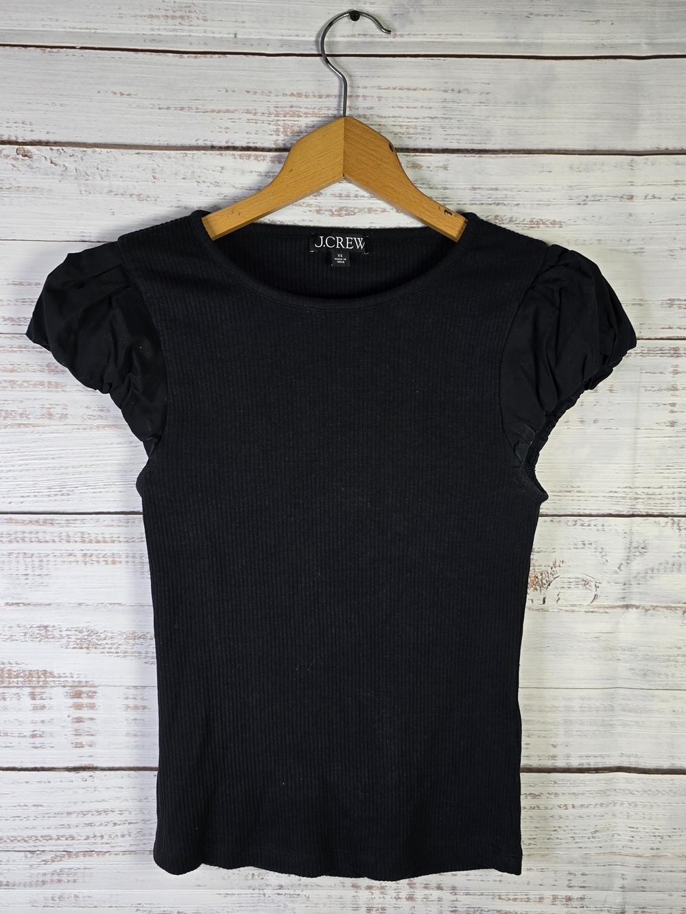 J.Crew Women’s XS Black Ribbed Puff Sleeve Top Stretch Fitted Tee